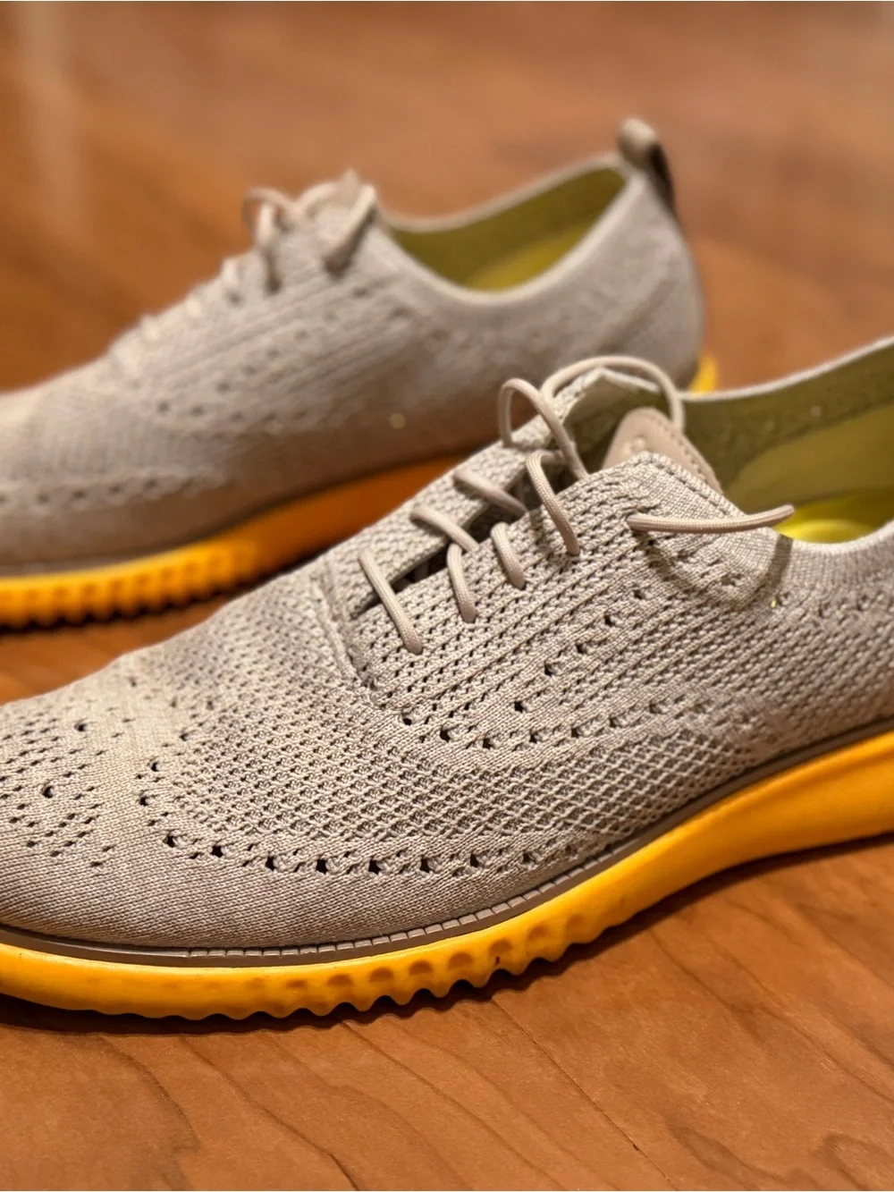 Cole Haan Light Gray Knit Oxfords with Yellow Sole